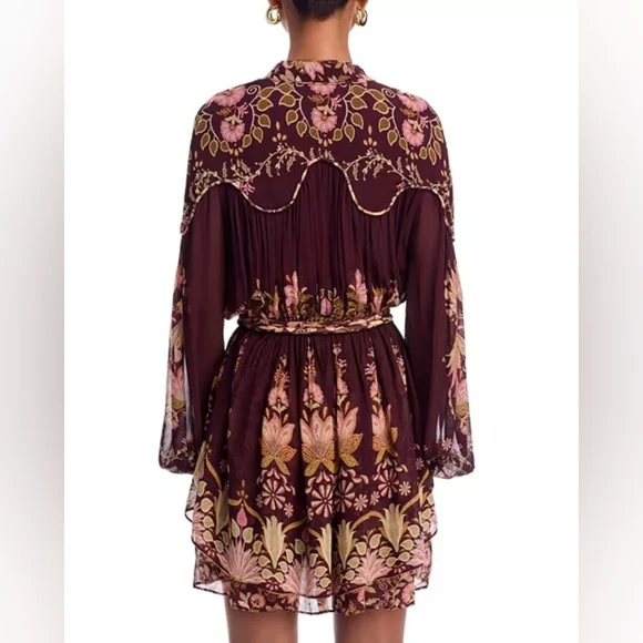 FARM Rio Bella Mini Dress Burgundy Floral Long Sleeve Dress NWT Size Small - Picture 2 of 10